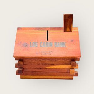 Vintage Log Cabin Wooden Coin Bank Cachuma Lake California